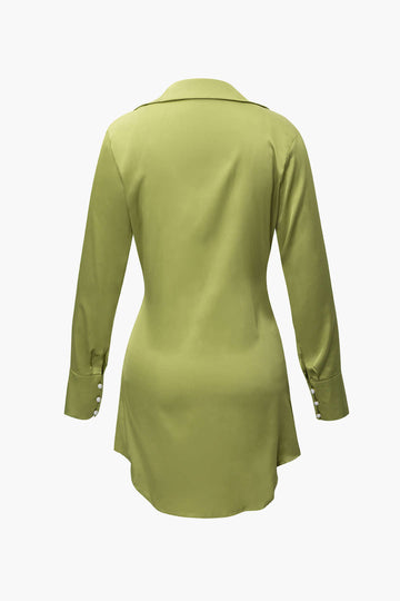 V-neck Knot Detail Long Sleeve Mini Shirt Dress