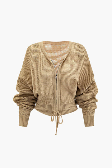 V-neck Knit Zipper Tie Hem Cardigan