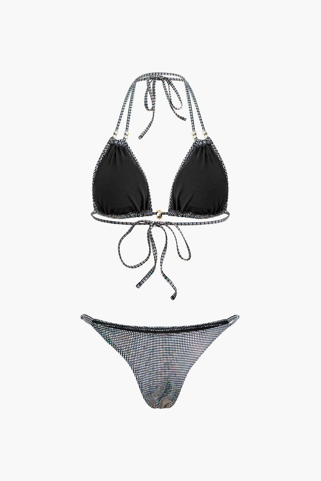 Metallic Grid Back Tie Halter Bikini Set