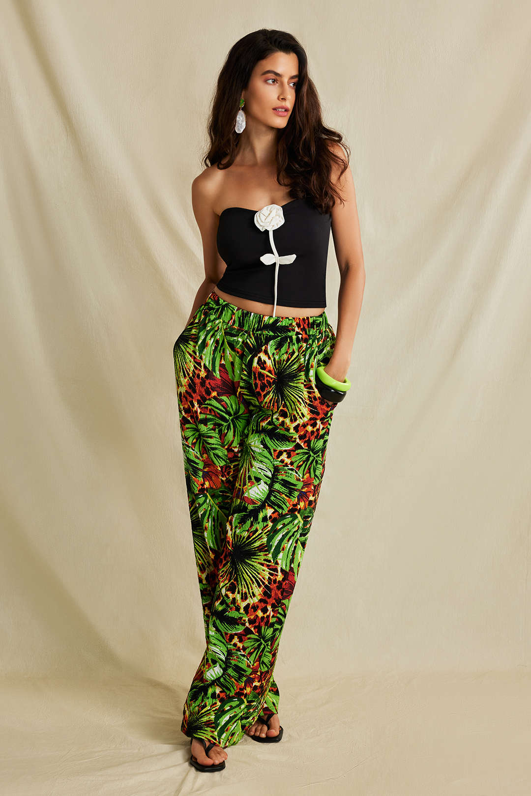 Palm Leaf Print Elastic Straight Leg Pants