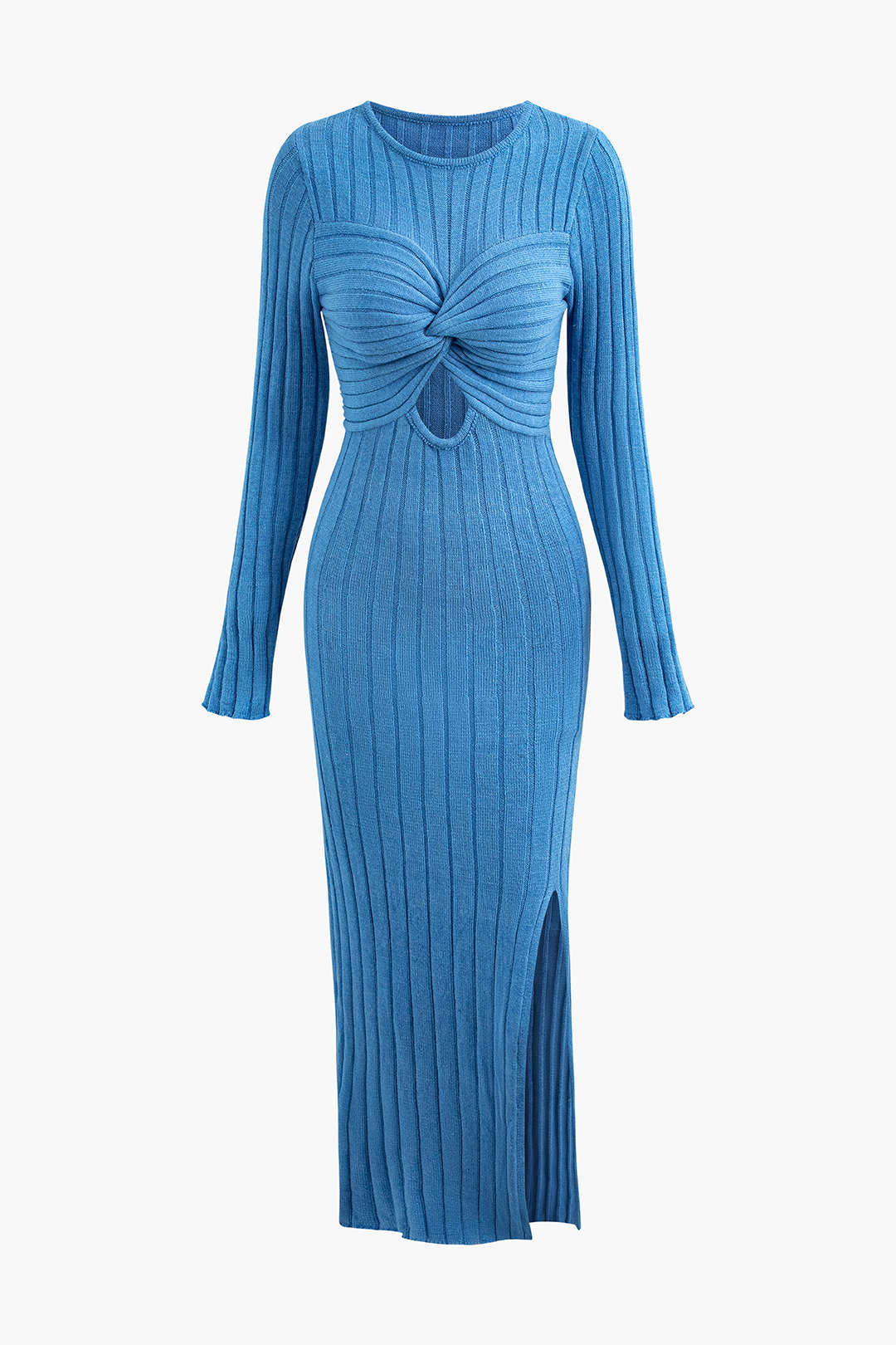 Twist Front Cut Out Rib Knit Split Long Sleeve Maxi Dress