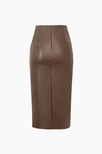 Faux Leather Wrap Ruched Midi Skirt