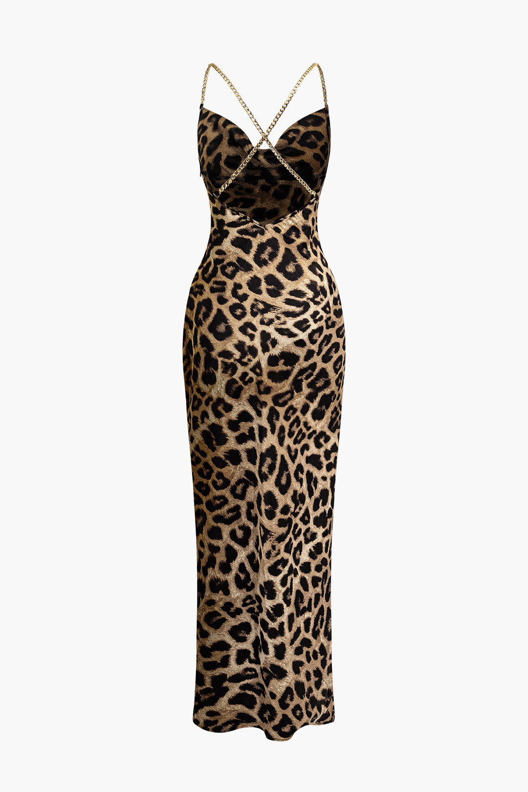 Leopard Print Cross Chain Cowl Neck Slit Slip Maxi Dress