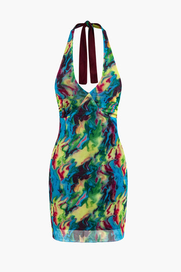 Tie Dye V-neck Halter Backless Mini Dress