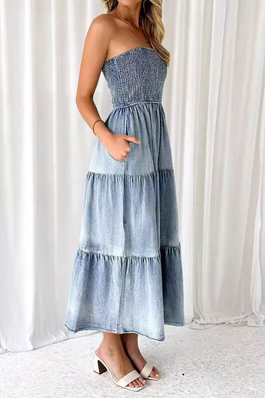 Denim Ombre Shirred Strapless Midi Dress