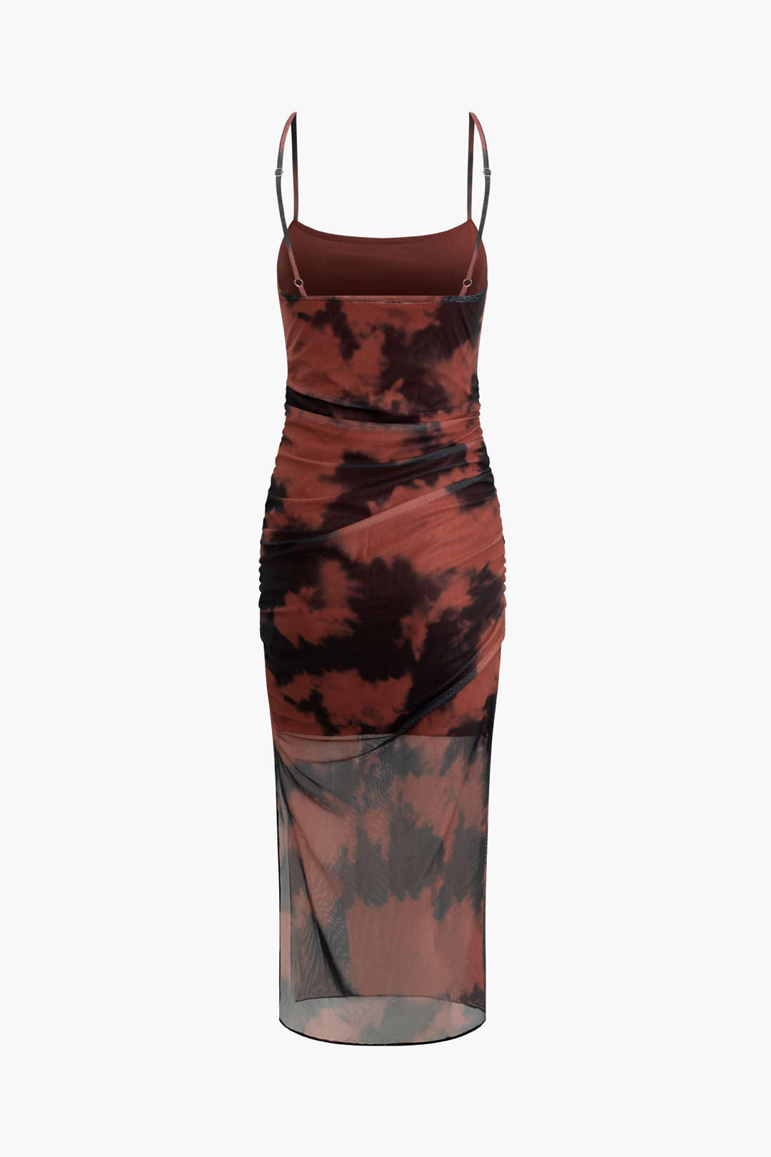 Tie Dye Mesh Ruched Cami Midi Dress