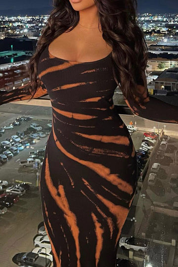 Printed Ribbed Round Neck Long Sleeve Maxi Dress