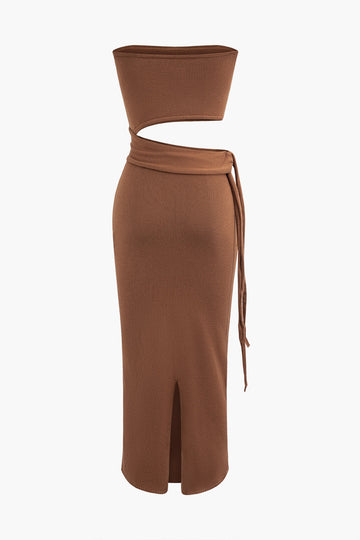 Tie Waist Cut Out Knit Slit Strapless Midi Dress