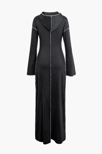 Contrast Stitching Bell Sleeve Hooded Maxi Dress