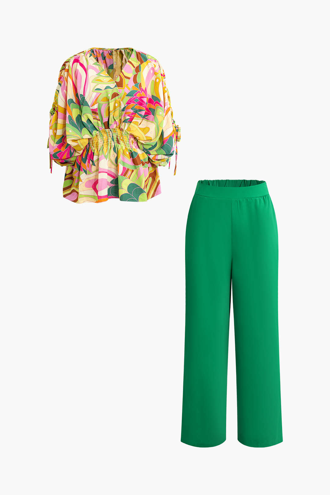 Print Shirred V-neck Top And Pants Set