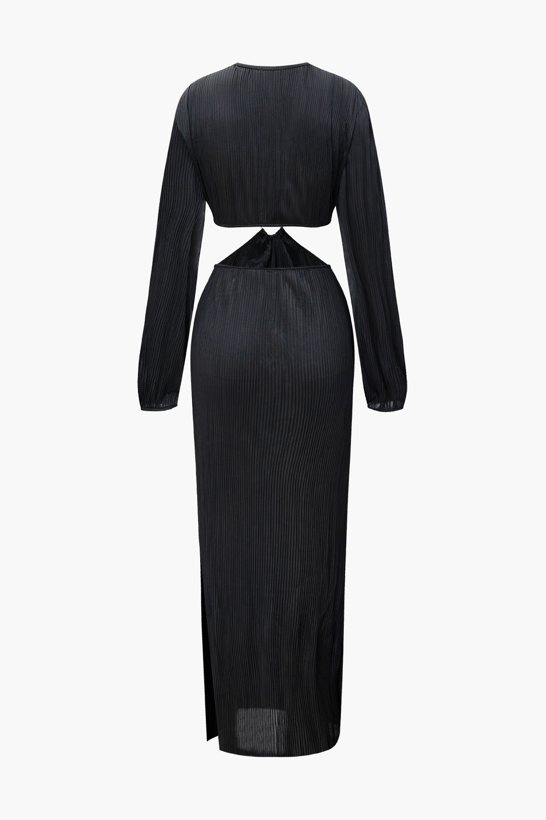 Plisse Deep V-neck Cut Out Ring Long Sleeve Midi Dress