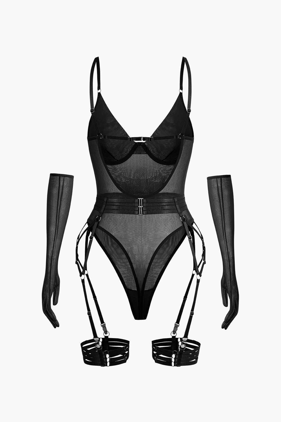 Sheer Mesh Belted Backless Bodysuit With Glove