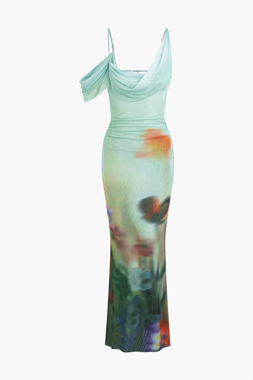 Tie Dye Mesh Backless Asymmetric Cowl Neck Maxi Dress