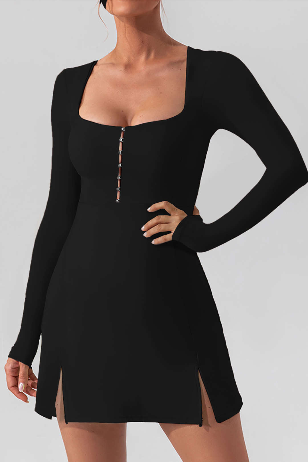 Hood And Eye Square Neck Slit Long Sleeve Mini Dress