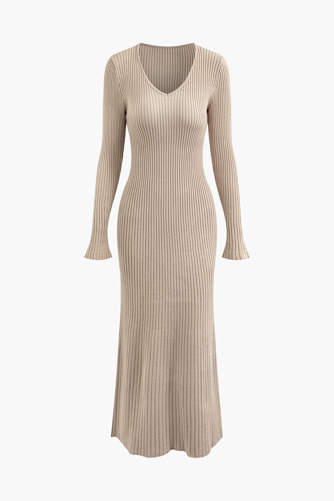 V-neck Bell Sleeve Rib Knit Maxi Dress