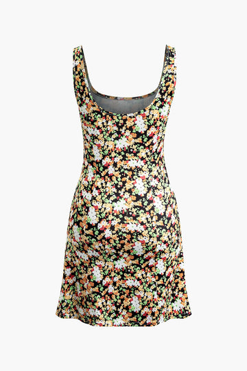 Floral Print Square Neck Sleeveless Mini Dress