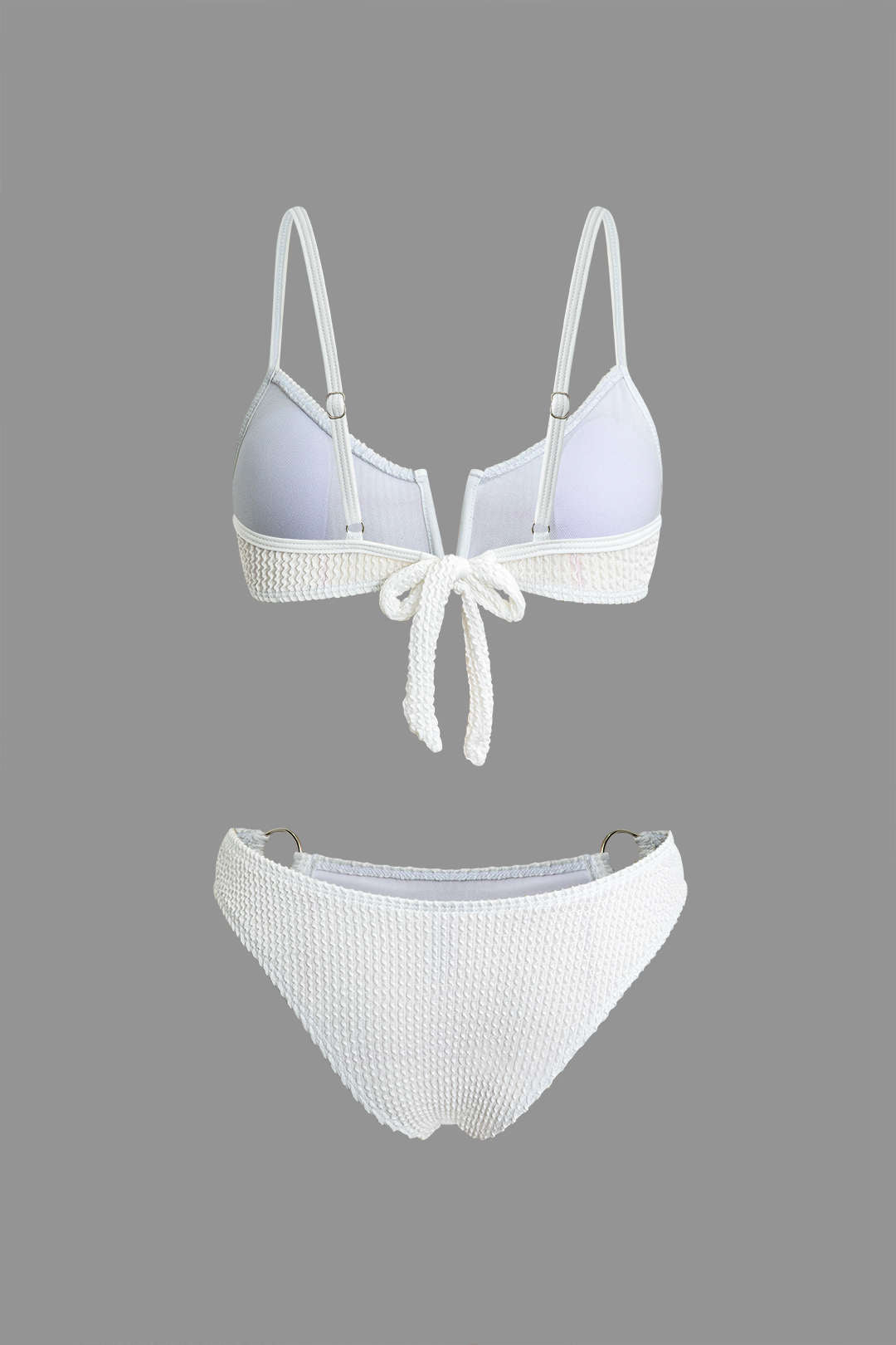 Textured V-neck Knot Back O-ring Bikini Set