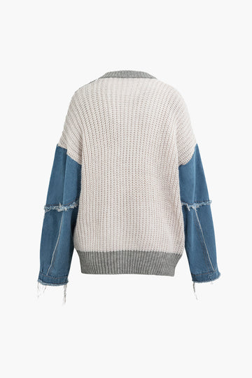 Contrast Denim Stitching Round Neck Sweater