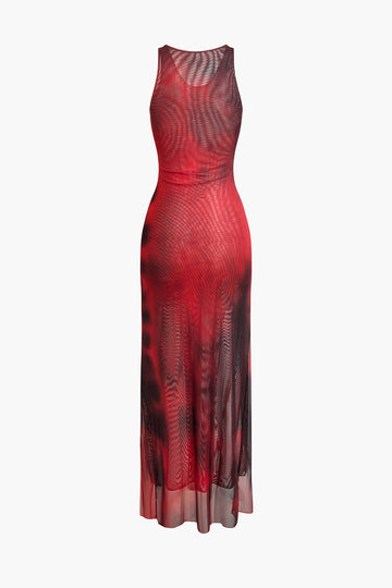 Tie Dye Mesh Asymmetrical Hem V-neck Sleeveless Midi Dress With Tie