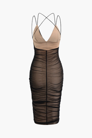 Halter V-neck Mesh Ruched Backless Slip Midi Dress