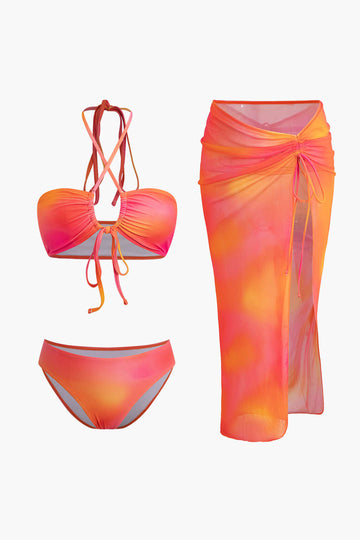 Ombre Cross Tie Halter Bikini Set And Split Mesh Cover Up Set