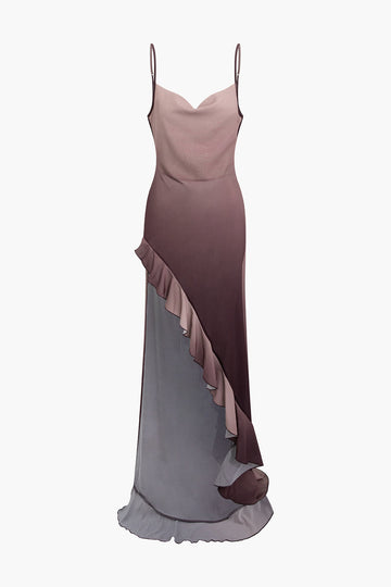 Ombre Asymmetrical Hem Cowl Neck Maxi Dress