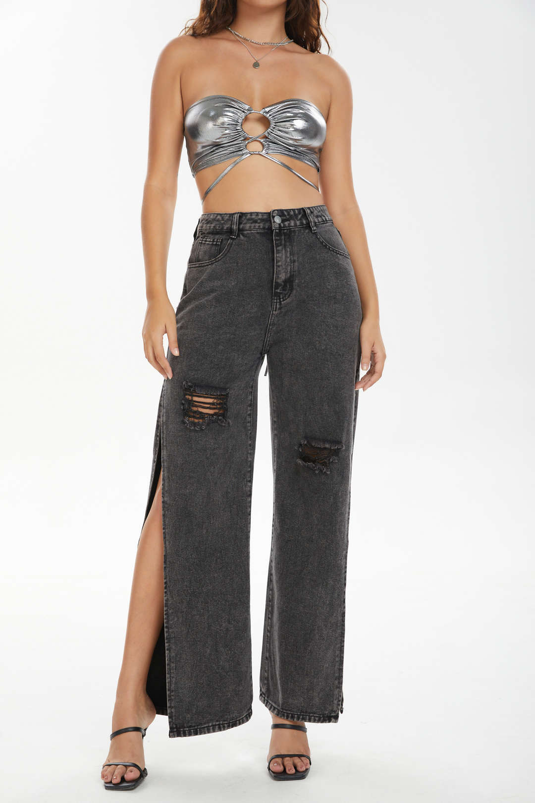 High Waisted Distressed Slit Straight Leg Jeans