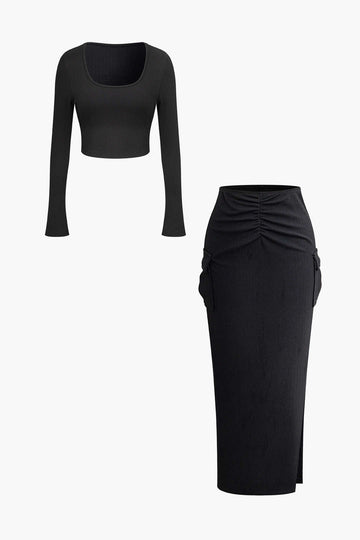 Solid Square Neck Long Sleeve Crop Top And Ruched Split Flap Pocket Maxi Skirt Set