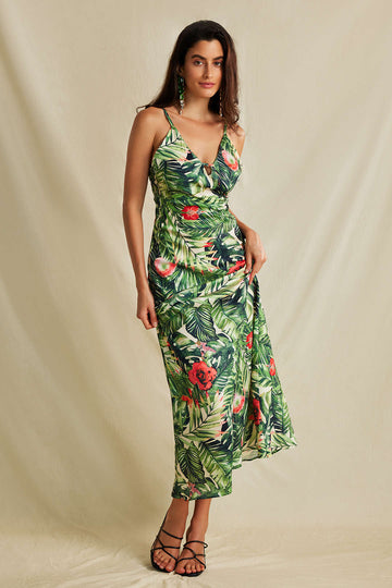 Botanical Print V-neck Slip Midi Dress