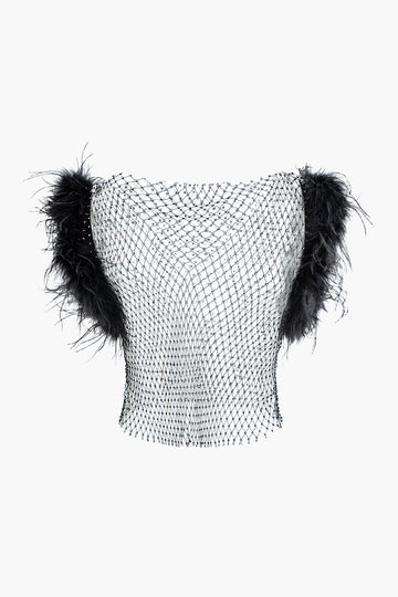 Rhinestone Mesh Fluffy Trim T-shirt