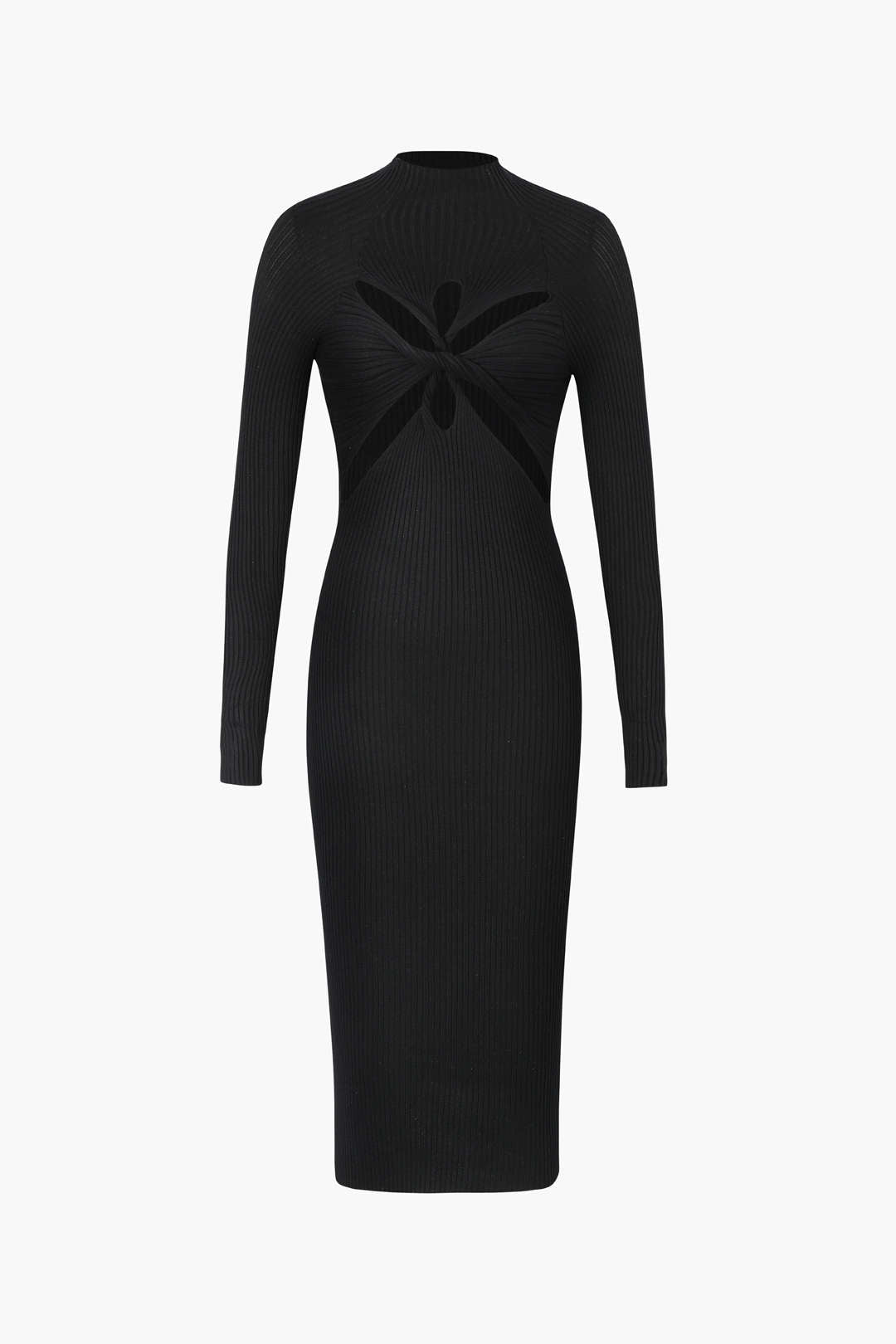 Long Sleeve Cut Out Front Twist Rib Knit Midi Dress