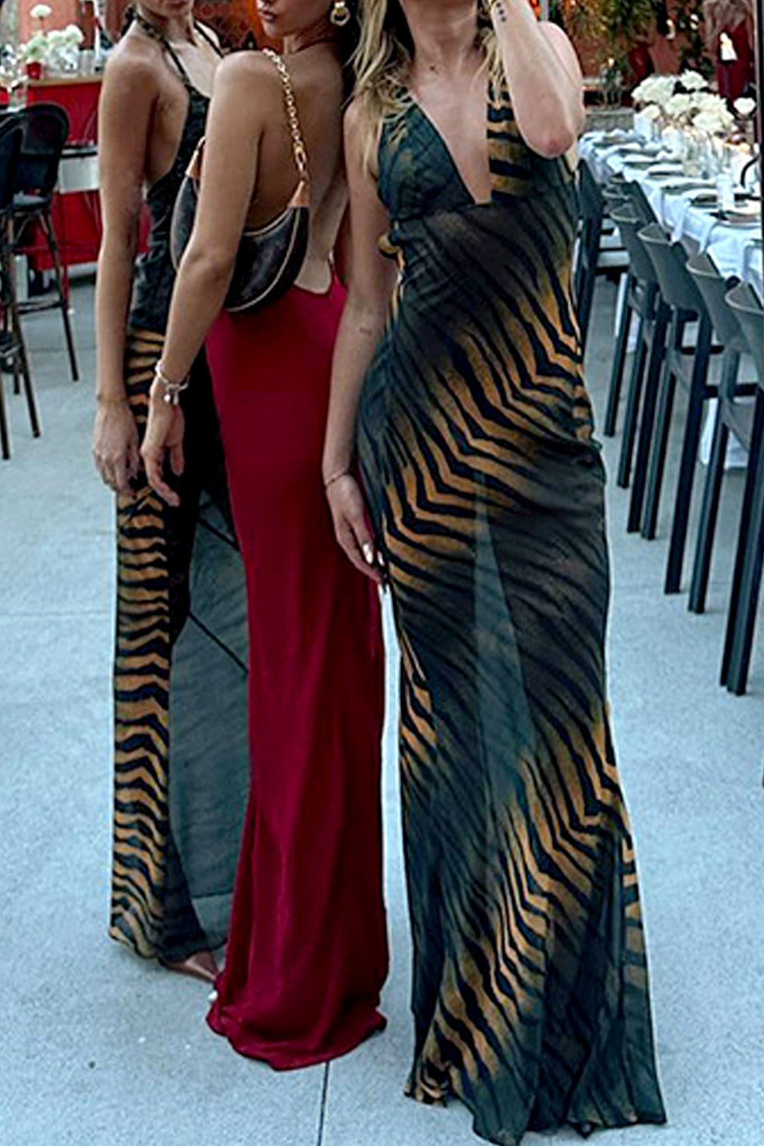 Tiger Print Tie Back Criss Cross V-neck Maxi Dress