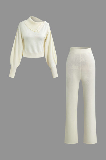 Asymmetrical Collar Long Sleeve Knit Top And Straight Leg Pants Set