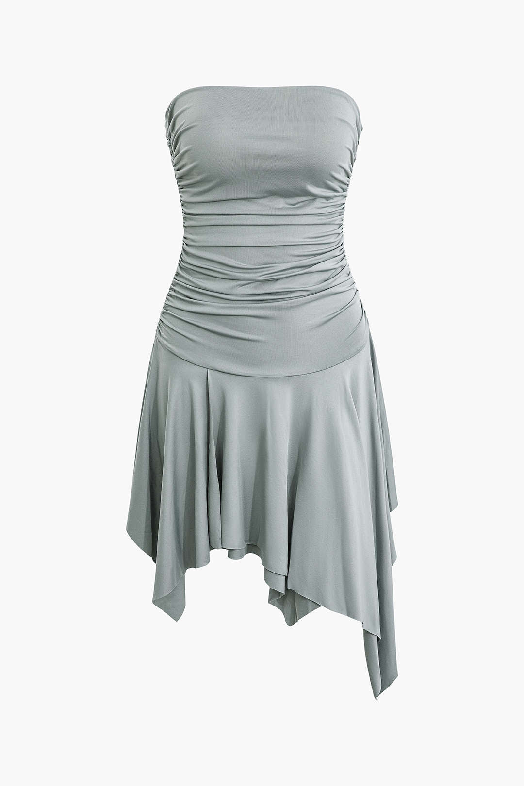 Asymmetrical Ruched Strapless Mini Dress