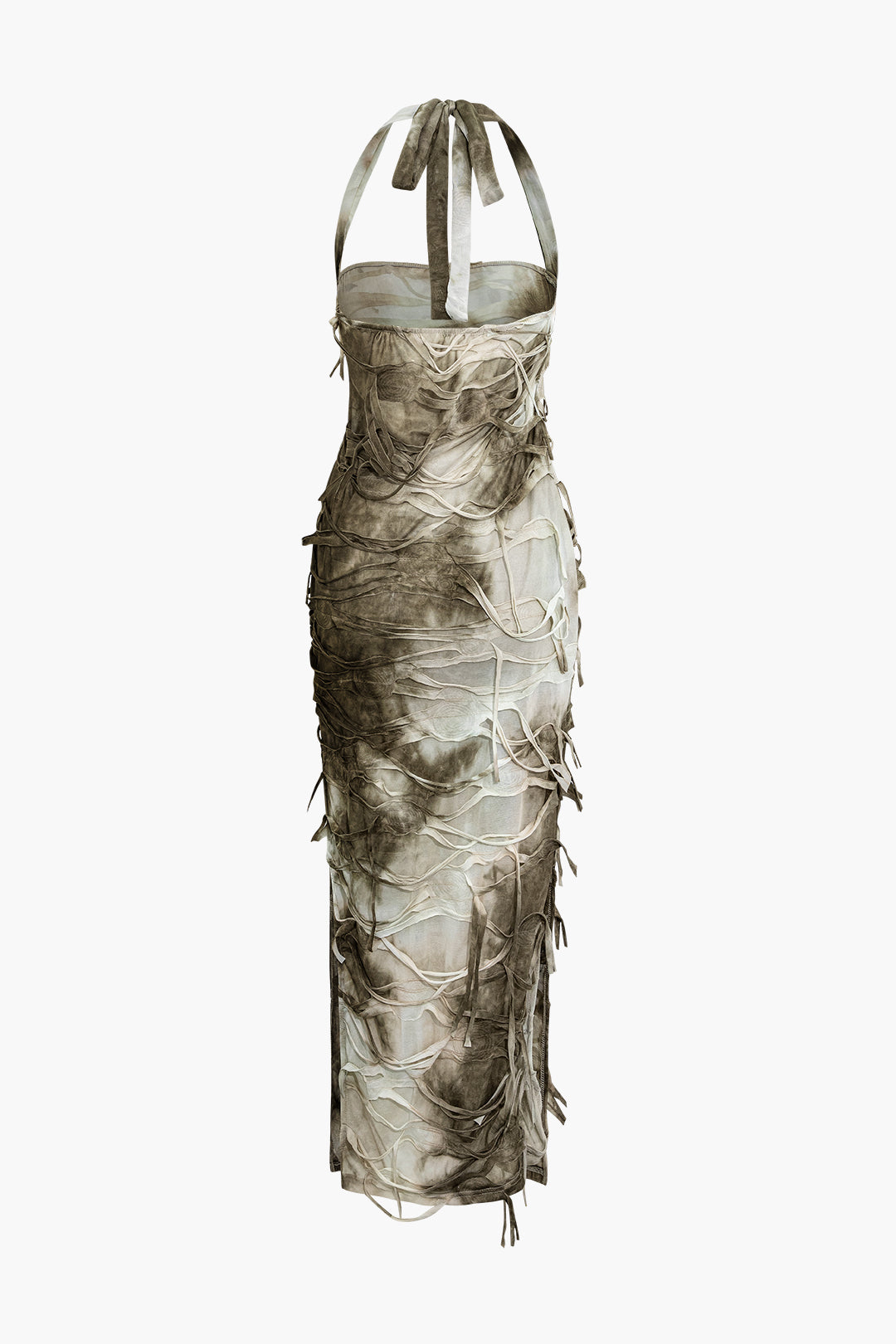 Tie Dye Distressed Mesh Slit Halter Maxi Dress