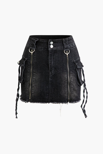 Zipper Flap Pocket Denim Mini Skirt