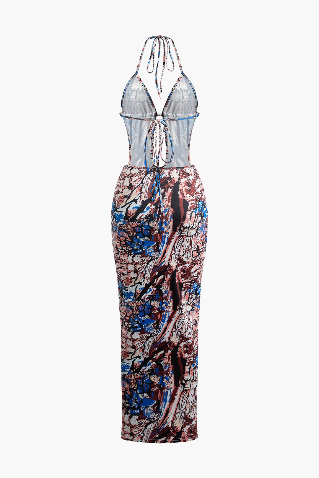 Abstract Print Tie Halter Backless Deep V-neck Maxi Dress