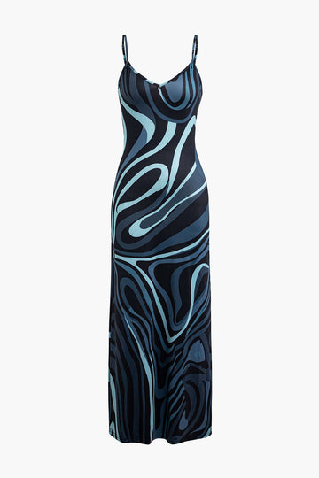 Abstract Print Backless Side-Slit V-Neck Cami Maxi Dress