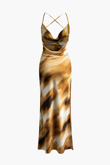 Abstract Print Cowl Neck Backless Slit Slip Maxi Dress