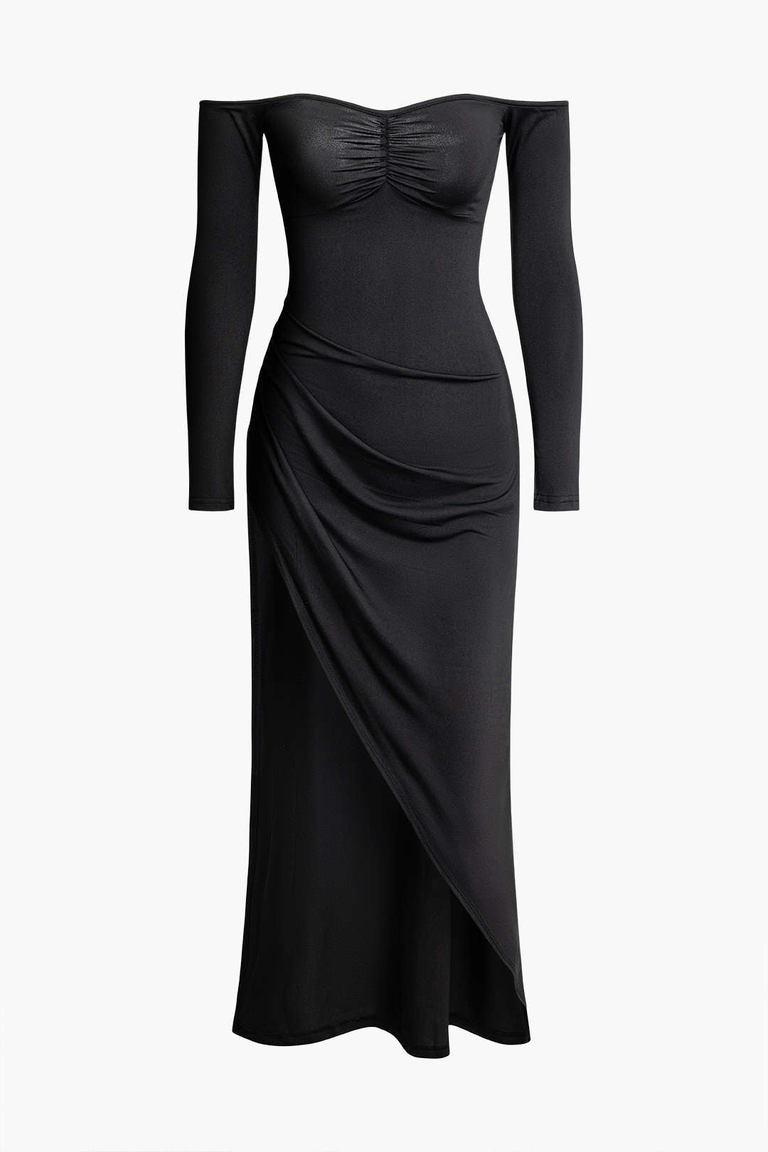 Off shoulder Ruched Slit Long Sleeve Maxi Dress