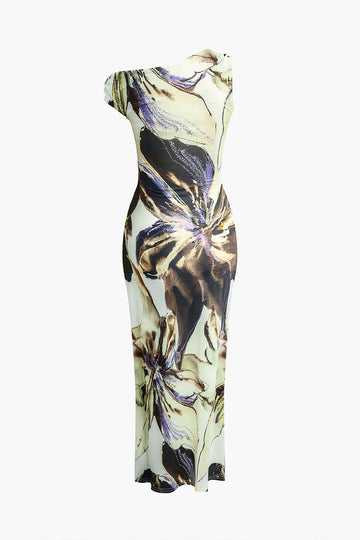 Floral Print Twist Asymmetrical Maxi Dress