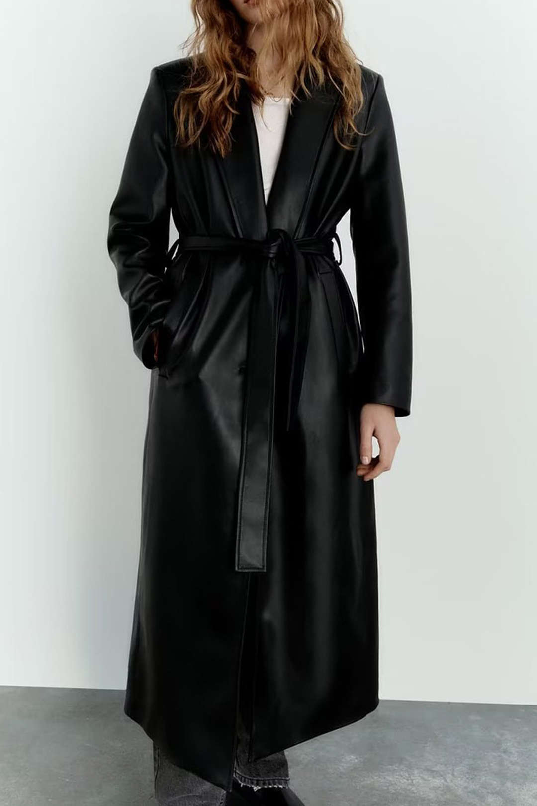 Faux Leather Notched Lapel Belted Trench Coat