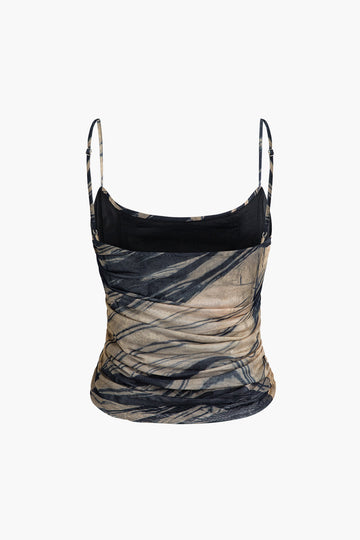 Printed Ruched Mesh Cami Top