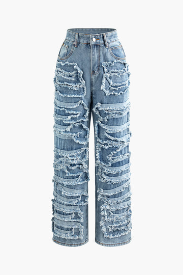 High Waist Frayed Patchy Straight Leg Jeans