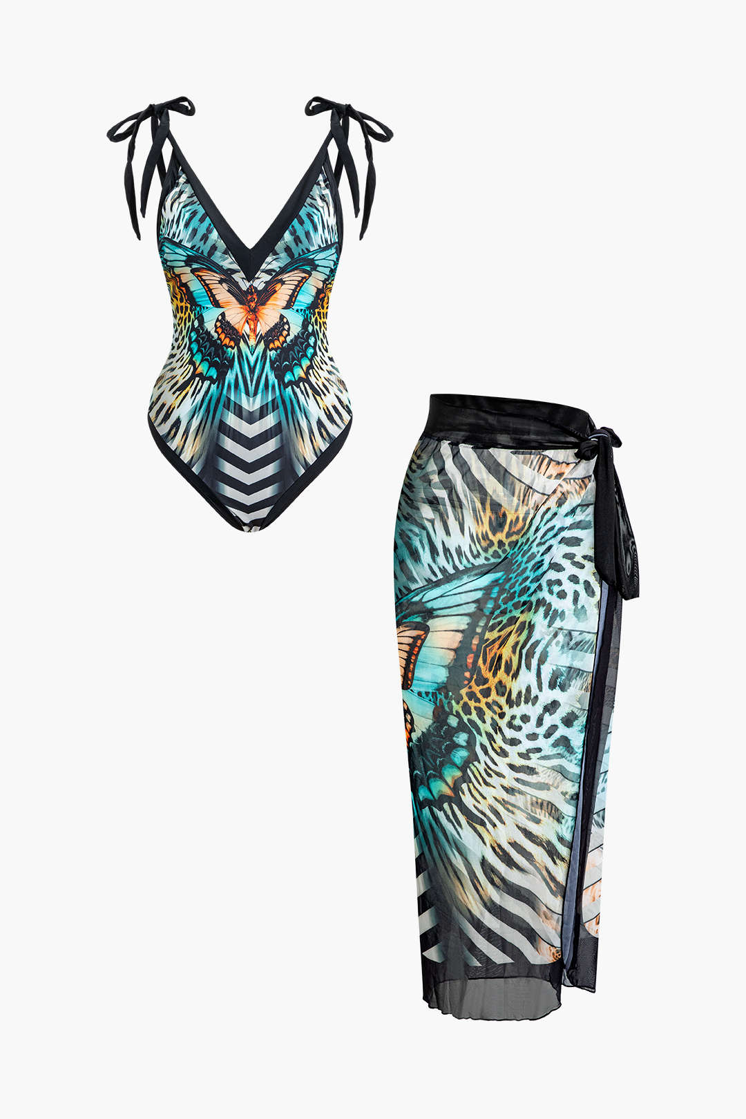 Butterfly Pattern Tummy Control One-Piece Swimsuit And Cover Up Set