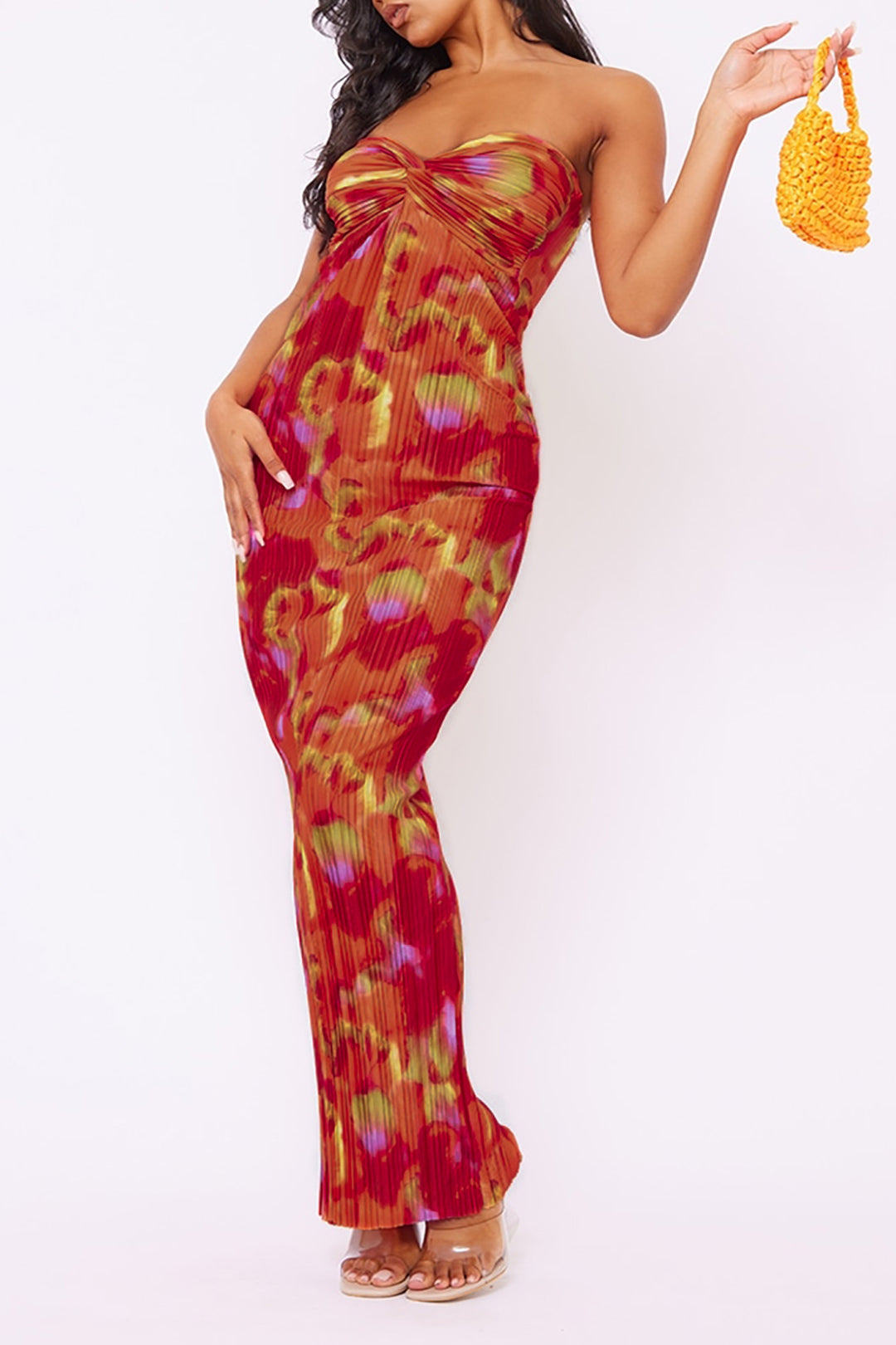 Abstract Print Plisse Strapless Maxi Dress