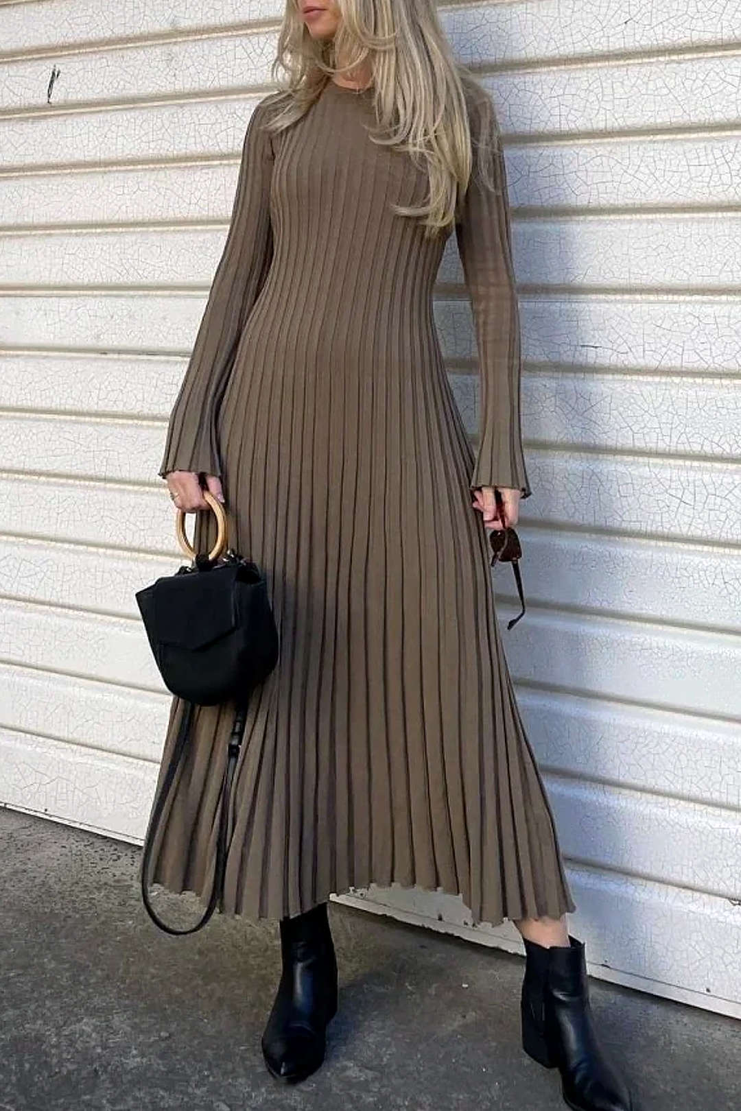 Round Neck Bell Sleeve Rib Knit Maxi Dress