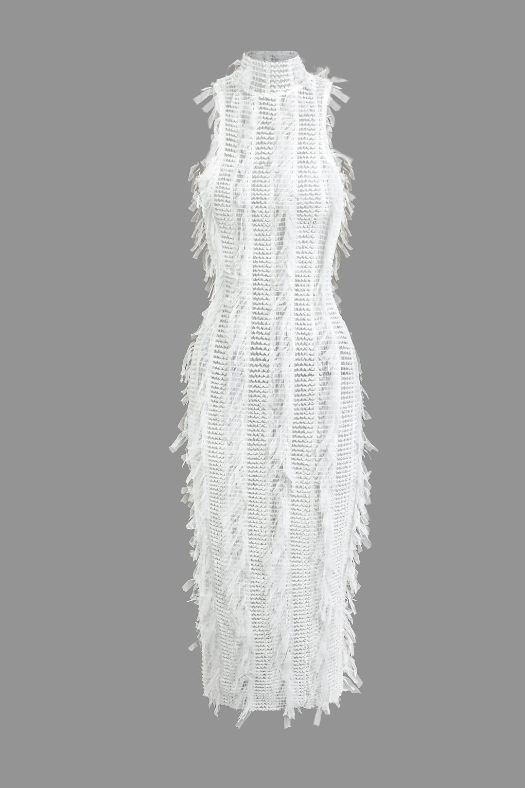 Fringe Mesh Mock Neck Midi Dress