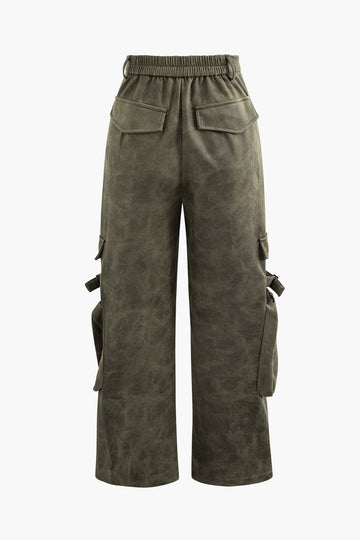 Faux Suede Multi Pocket Straight Leg Cargo Pants