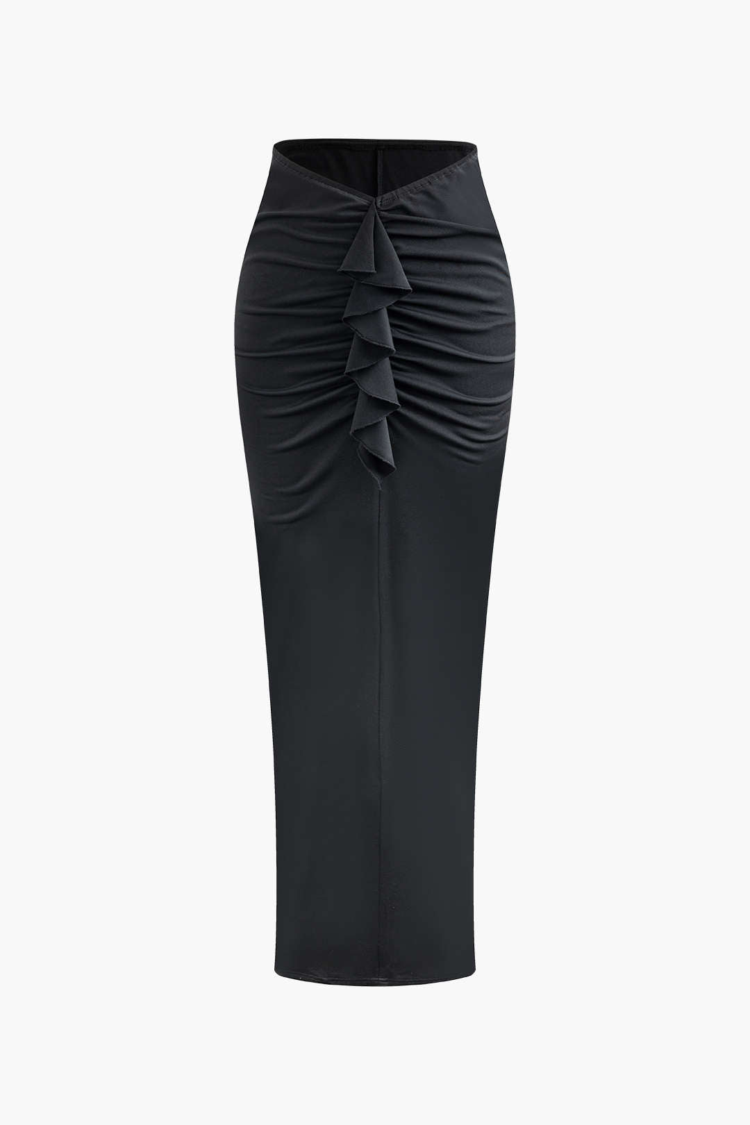 V-Waist Ruched Ruffle Slit Maxi Skirt